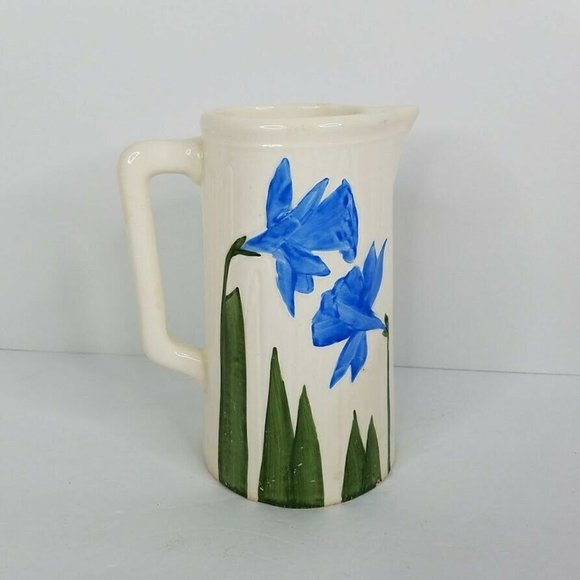 Wheeling Pottery Other - Wheeling Pottery Majolica Blue Iris Ironstone 7 3/4" Pitcher Antique Handpainted